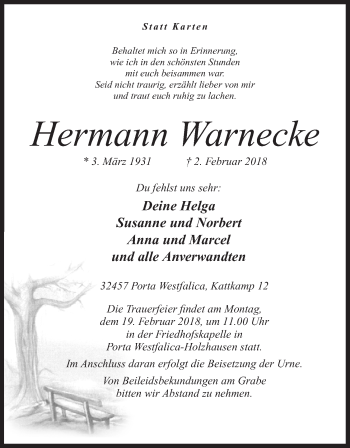 Anzeige von Hermann Warnecke von Mindener Tageblatt
