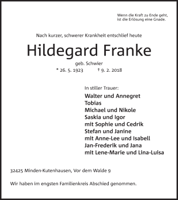 Anzeige von Hildegard Franke von Mindener Tageblatt
