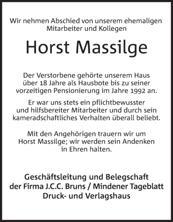 Anzeige von Horst Massilge von Mindener Tageblatt