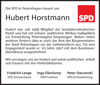 Anzeige von Hubert Horstmann von Mindener Tageblatt