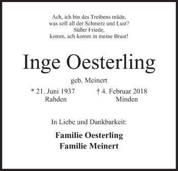 Anzeige von Inge Oesterling von Mindener Tageblatt