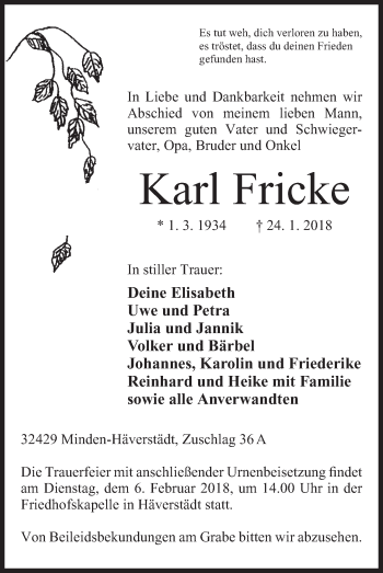Anzeige von Karl Fricke von Mindener Tageblatt
