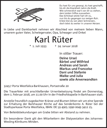 Anzeige von Karl Rüter von Mindener Tageblatt