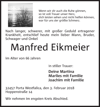 Anzeige von Manfred Eikmeier von Mindener Tageblatt