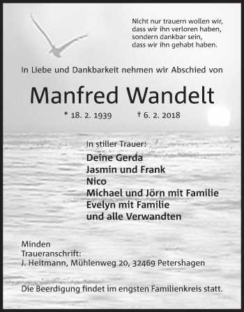 Anzeige von Manfred Wandelt von Mindener Tageblatt