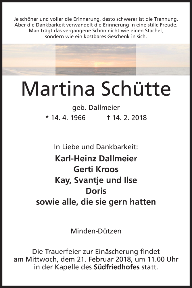  Traueranzeige für Martina Schütte vom 17.02.2018 aus Mindener Tageblatt