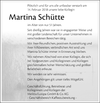 Anzeige von Martina Schütte von Mindener Tageblatt