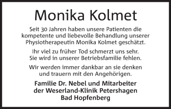 Anzeige von Monika Kolmet von Mindener Tageblatt