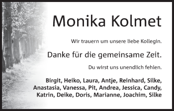 Anzeige von Monika Kolmet von Mindener Tageblatt