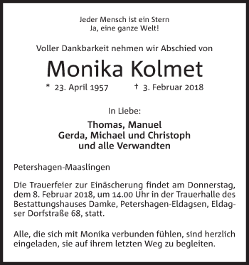 Anzeige von Monika Kolmet von Mindener Tageblatt