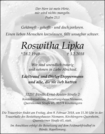 Anzeige von Roswitha Lipka von Mindener Tageblatt