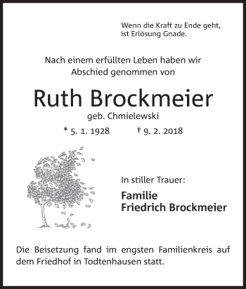 Anzeige von Ruth Brockmeier von Mindener Tageblatt
