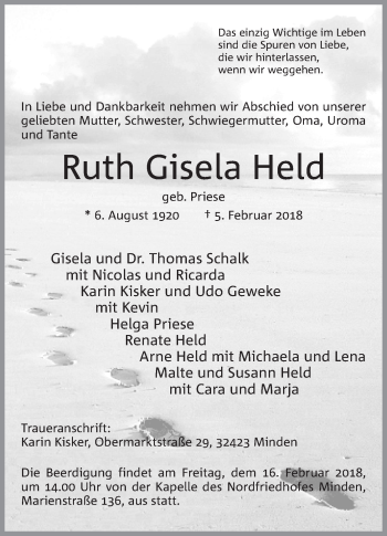Anzeige von Ruth Gisela Held von Mindener Tageblatt