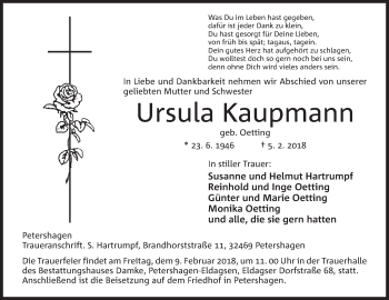 Anzeige von Ursula Kaupmann von Mindener Tageblatt