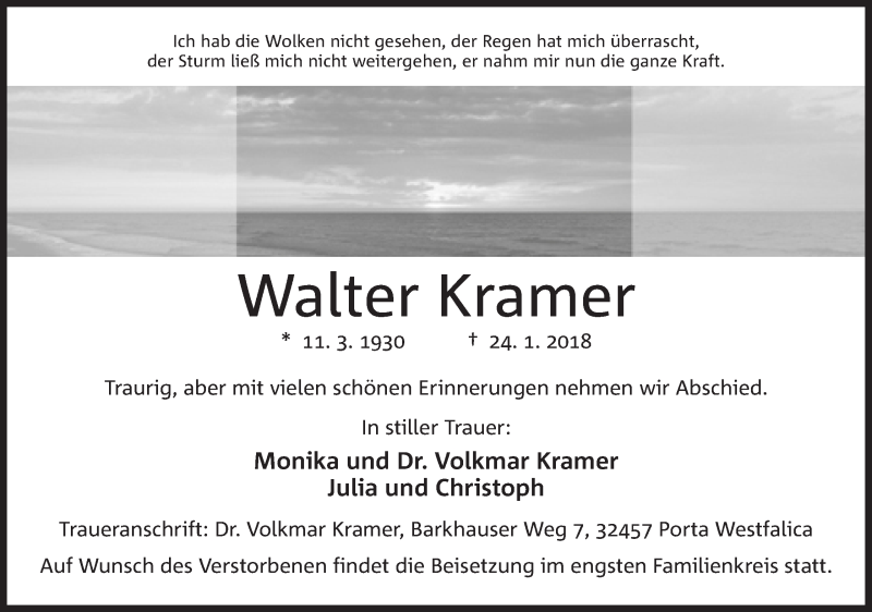 Traueranzeige für Walter Kramer vom 27.01.2018 aus Mindener Tageblatt