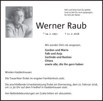 Anzeige von Werner Raub von Mindener Tageblatt