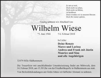 Anzeige von Wilhelm Wiese von Mindener Tageblatt