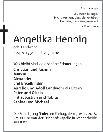 Anzeige von Angelika Hennig von Mindener Tageblatt