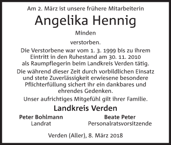 Anzeige von Angelika Hennig von Mindener Tageblatt