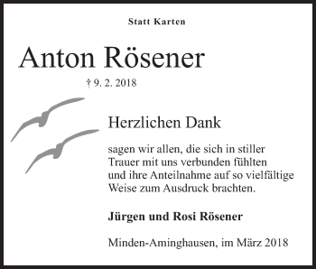 Anzeige von Anton Rösener von Mindener Tageblatt