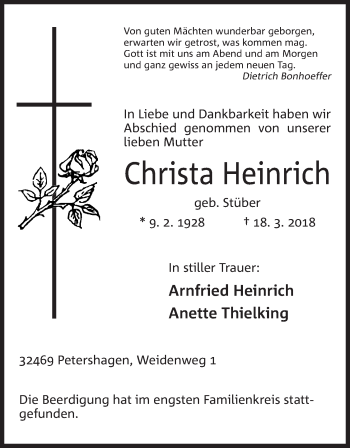 Anzeige von Christa Heinrich von Mindener Tageblatt