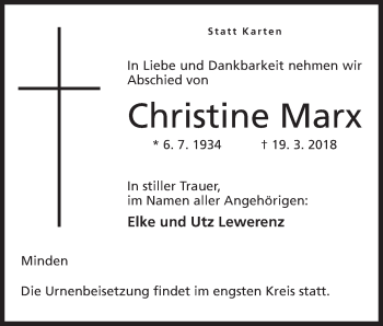 Anzeige von Christine Marx von Mindener Tageblatt