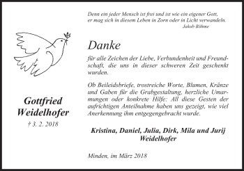 Anzeige von Gottfried Weidelhofer von Mindener Tageblatt