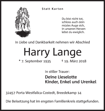 Anzeige von Harry Lange von Mindener Tageblatt