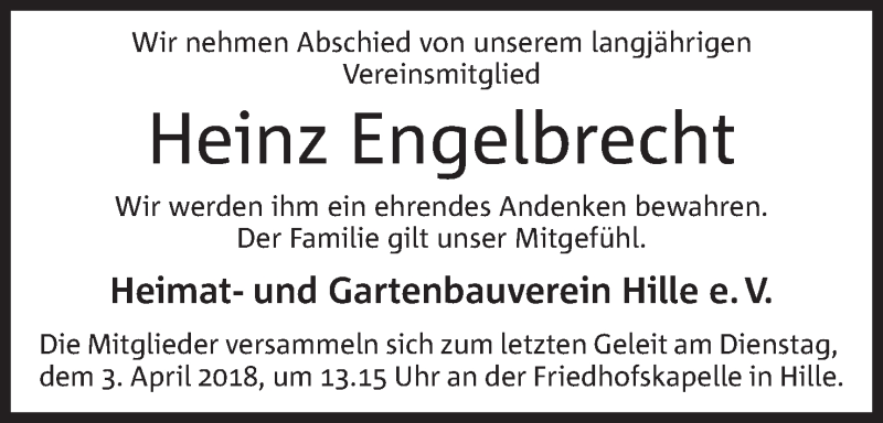  Traueranzeige für Heinz Engelbrecht vom 30.03.2018 aus Mindener Tageblatt