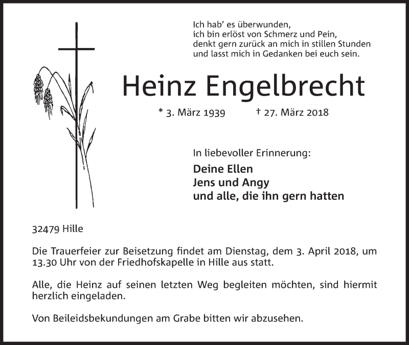  Traueranzeige für Heinz Engelbrecht vom 29.03.2018 aus Mindener Tageblatt