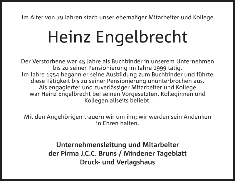  Traueranzeige für Heinz Engelbrecht vom 29.03.2018 aus Mindener Tageblatt