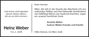 Anzeige von Heinz Weber von Mindener Tageblatt