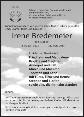 Anzeige von Irene Bredemeier von Mindener Tageblatt