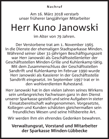 Anzeige von Kuno Janowski von Mindener Tageblatt