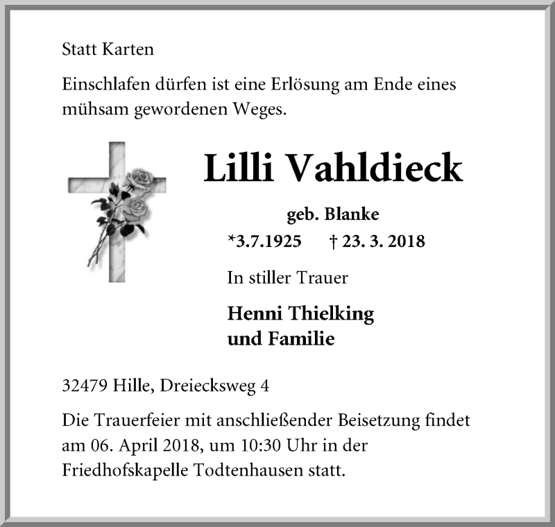  Traueranzeige für Lilli Vahldieck vom 30.03.2018 aus Mindener Tageblatt