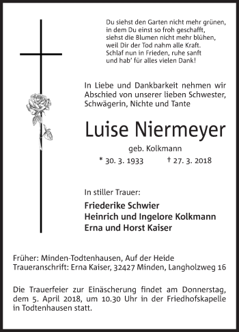 Anzeige von Luise Niermeyer von Mindener Tageblatt