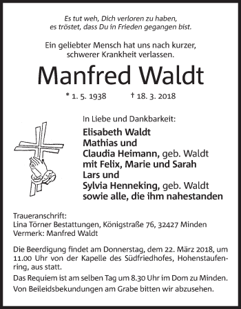 Anzeige von Manfred Waldt von Mindener Tageblatt