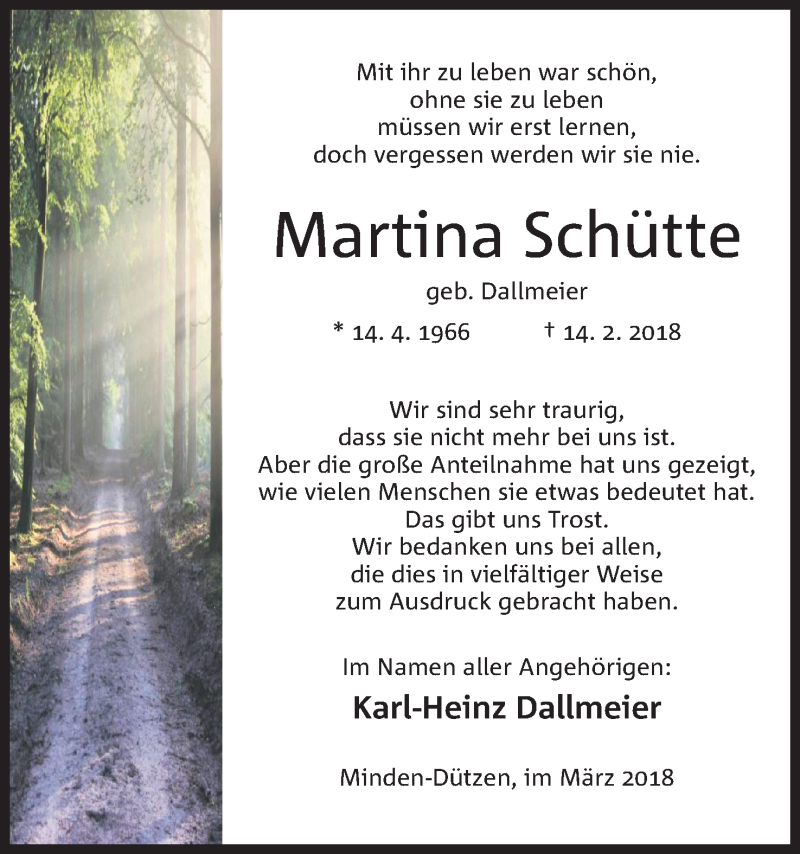  Traueranzeige für Martina Schütte vom 24.03.2018 aus Mindener Tageblatt
