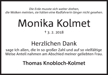 Anzeige von Monika Kolmet von Mindener Tageblatt