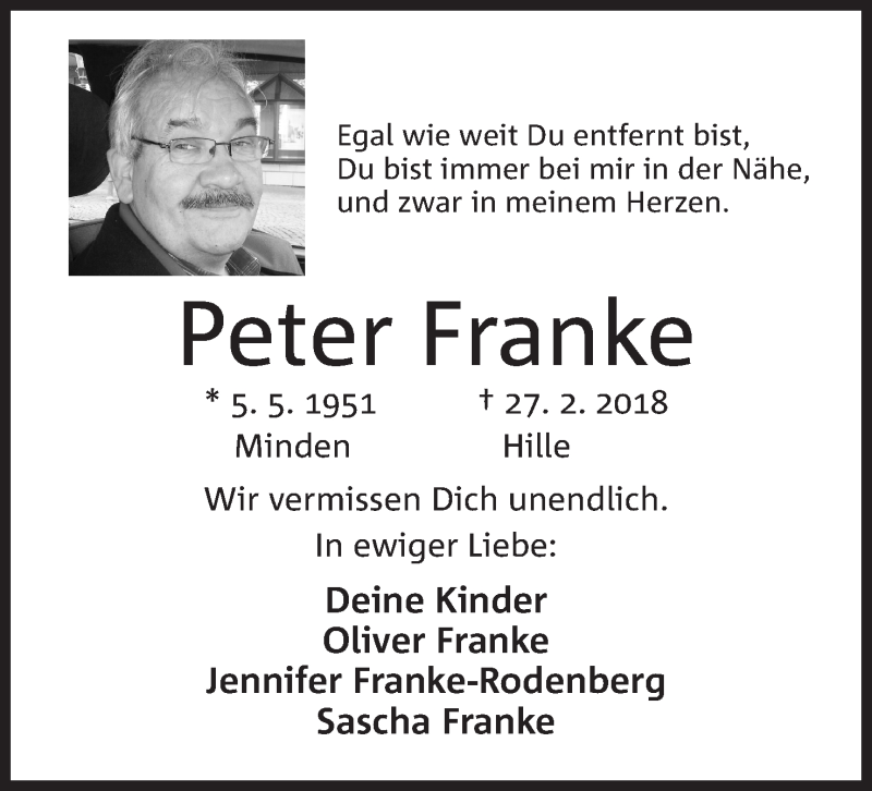  Traueranzeige für Peter Franke vom 03.03.2018 aus Mindener Tageblatt