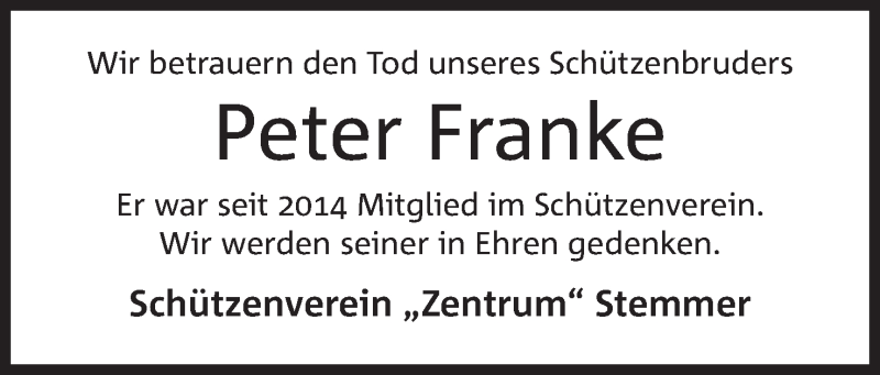  Traueranzeige für Peter Franke vom 03.03.2018 aus Mindener Tageblatt