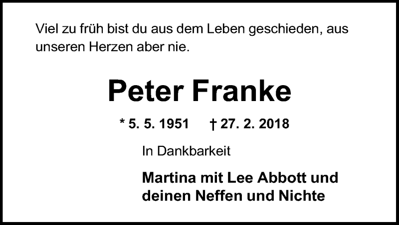  Traueranzeige für Peter Franke vom 10.03.2018 aus Mindener Tageblatt