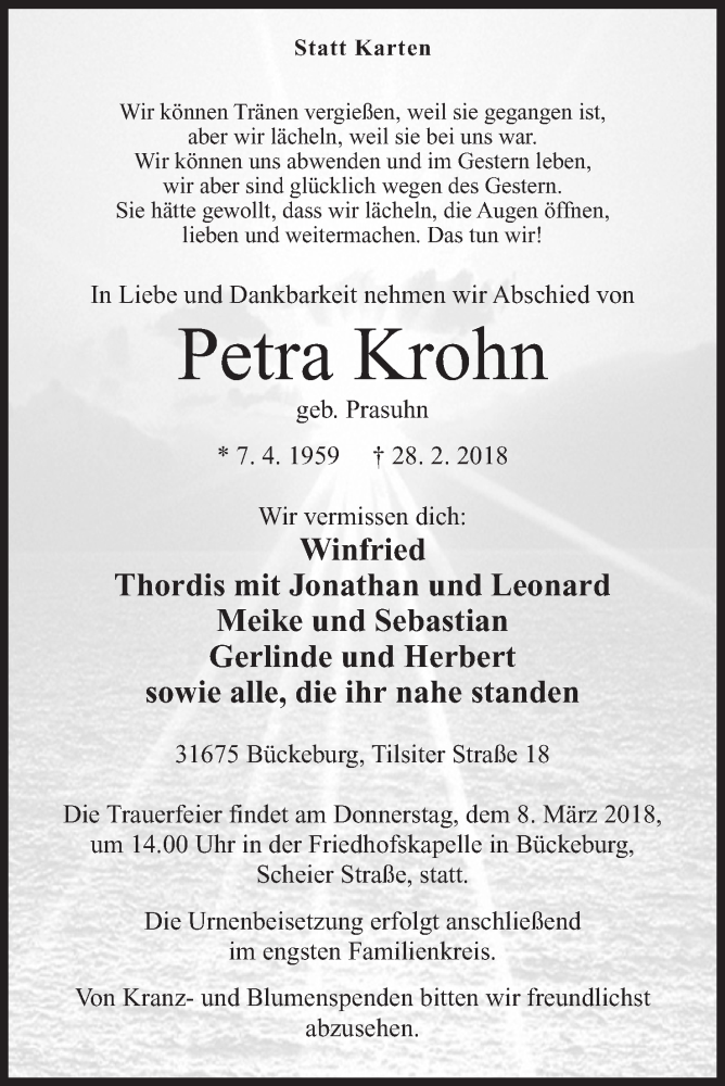  Traueranzeige für Petra Krohn vom 03.03.2018 aus Mindener Tageblatt