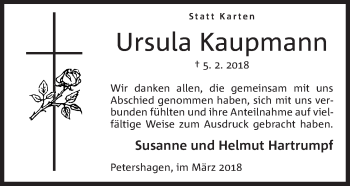 Anzeige von Ursula Kaupmann von Mindener Tageblatt
