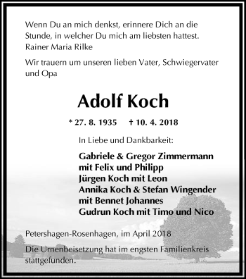 Anzeige von Adolf Koch von Mindener Tageblatt