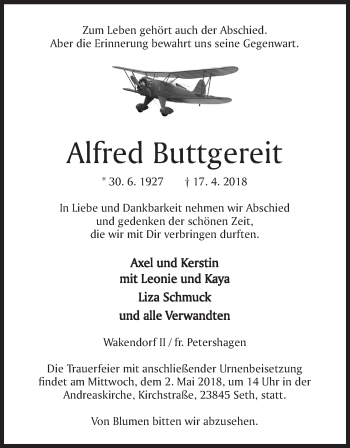 Anzeige von Alfred Buttgereit von Mindener Tageblatt
