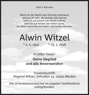 Anzeige von Alwin Witzel von Mindener Tageblatt