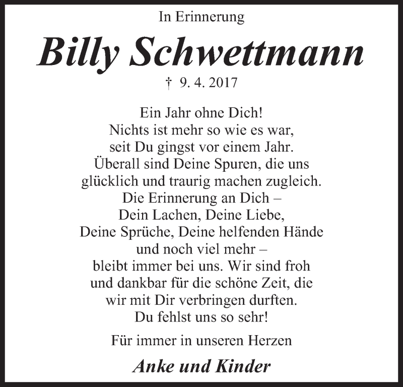  Traueranzeige für Billy Schwettmann vom 09.04.2018 aus Mindener Tageblatt