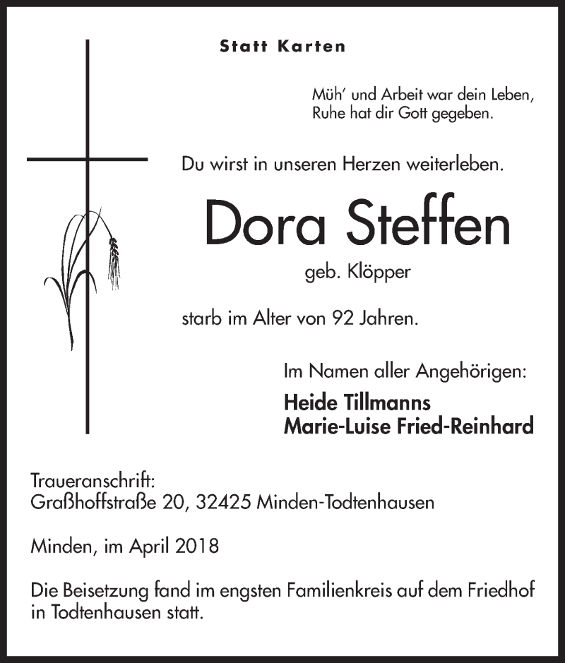  Traueranzeige für Dora Steffen vom 21.04.2018 aus Mindener Tageblatt