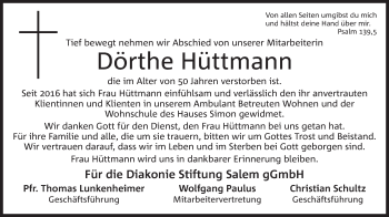 Anzeige von Dörthe Hüttmann von Mindener Tageblatt